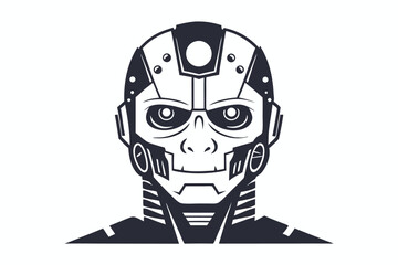 Bold line art shows futuristic android head design in black and white