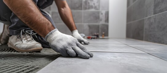 A worker installing ceramic floor tiles, carefully aligning them over adhesive. Gloved hands, tools, and close-up details highlight precision, craftsmanship, and professional construction work.