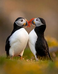 Naklejka premium Two Atlantic puffins, beaks touching, on a grassy hillside