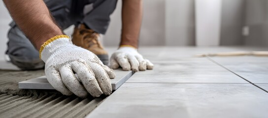 A worker installing ceramic floor tiles, carefully aligning them over adhesive. Gloved hands, tools, and close-up details highlight precision, craftsmanship, and professional construction work.