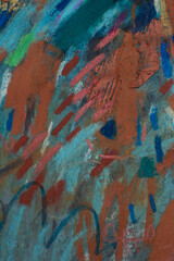 Abstract expressionist composition with bright pastel strokes, vivid blue and green accents, dynamic marks and textured surface for posters, banners and modern artistic backgrounds.