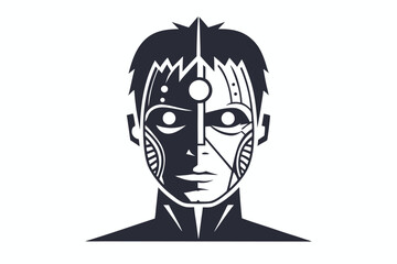 Line art shows bionic humanoid's head in monochrome, half human and half robot design