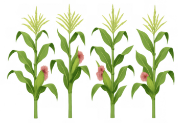 Corn plants growing with green leaves and tassels, representing farming, food, and harvest. Transparent background