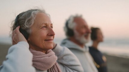 Elderly couple standing on a beach, with the ocean in the background. the woman is on the left side of the image, wearing a pink scarf and has her hand on her ear, listening to music with headphones.