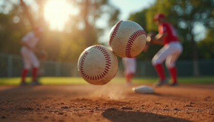 Two baseballs float above dirt infield. Players in red uniforms train on sunny day. Kids compete in sports game on field. Action shot captures baseball.