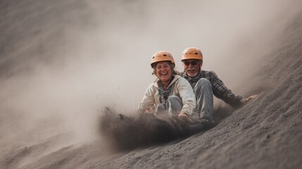 Man and a woman wearing orange helmets, sitting on top of a sand dune. they are both smiling and appear to be enjoying themselves.