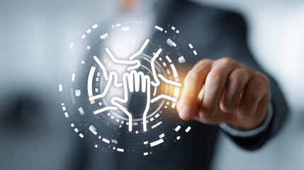 Business professional interacts with glowing handshake icon in futuristic digital interface, symbolizing tech-driven partnership, agreement, and collaboration in modern corporate workspace. 
