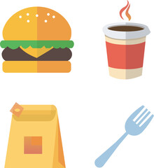 Fast Food and Beverage Flat Icons Set – Burger, Coffee Cup, Takeaway Bag and Fork Vector