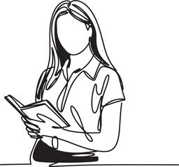 Single Line Drawing of Woman Student Holding Book Education Concept Learning Reading