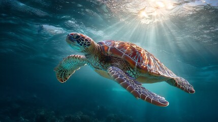 Obraz premium Conceptual image of a majestic sea turtle swimming in clear blue ocean water. Luminous sun rays pierce the surface, illuminating vibrant marine life, cinematic quality.