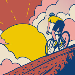 Cyclist ascends hill under bright sun and colorful sky