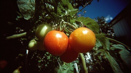 Ripe and unripe cherry tomatoes grow on vine with green leaves, glistening with dewdrops under bright sunlight. Represents fresh garden produce, home gardening, and organic food in outdoor backyard
