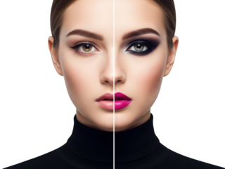 Split face with natural and dramatic makeup contrast isolated on transparent background
