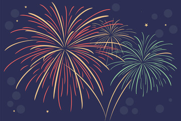 Vector depiction of dazzling fireworks in a celebration, bright colors bursting against a dark background for festive graphics.