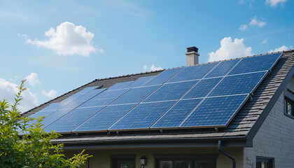 Fototapeta premium Solar panels installed on a rooftop of a house under a blue sky with white clouds