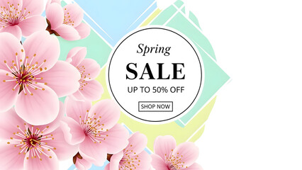 Spring sale announcement with delicate pink cherry blossoms and soft pastel geometric background