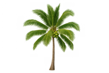 Coconut palm tree with green coconuts on transparent background, tropical plant for summer vacation and exotic travel concepts