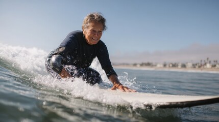 Elderly woman surfing on a wave in the ocean. she is wearing a black wetsuit and has a big smile on her face. the wave is white and the water is splashing around her as she rides it.