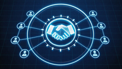 Obraz premium Digital Deal: A futuristic and high-tech image symbolizes partnership, agreement and digital networking, perfect for illustrating collaborative initiatives. 