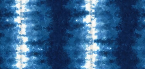 Seamless indigo blue tie dye pattern with white vertical stripes. Abstract fabric design vintage 1970s funky hippie feel. Great for textile print, apparel material. Vibrant repeat motif art perfect