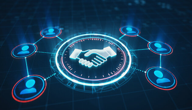 Handshake Icon: Digital handshake illustration symbolizes agreement and cooperation, surrounded by network connections representing business connections in technology. - Powered by Adobe