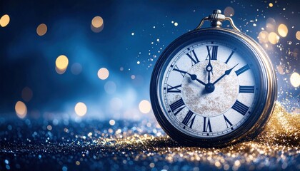 Stunning antique pocket watch marks midnight on a sparkling blue New Year's Eve countdown with golden glitter
