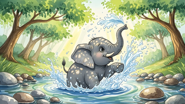 Adorable baby elephant joyfully splashing water in a lush green forest river