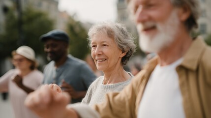 Obraz premium Elderly couple walking together on a street. the woman is in the center of the image, with her arms stretched out to the sides and a big smile on her face.