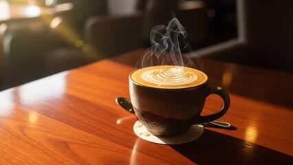 Steaming hot latte art coffee on a wooden table in a cozy cafe.