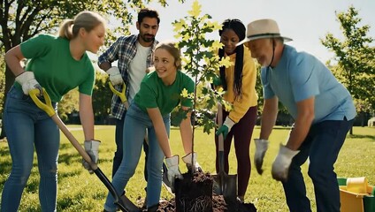 Group of Volunteers Planting a Tree in a Sunny Park Environment.