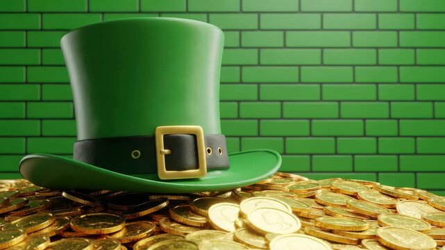 Green leprechaun top hat with gold coins and brick background