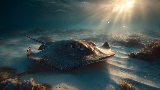 Conceptual image of a serene stingray resting on the sandy ocean floor, bathed in beautiful cinematic sunlight rays, capturing the tranquil underwater ecosystem in high detail. - Powered by Adobe