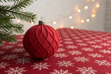 Close up of a red patterned christmas ornament on a festive red tablecloth with snowflake design