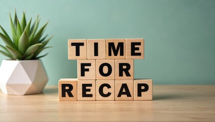 Wooden blocks spell out TIME FOR RECAP. Phrase suggests reviewing past events, projects, periods. Signify moment to reflect on achievements lessons learned. Useful for business reviews, project