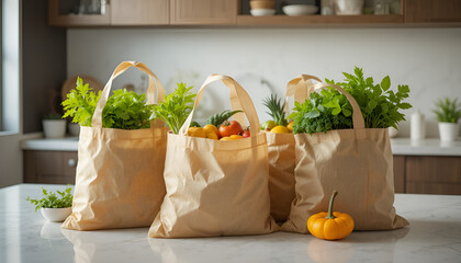 Three reusable grocery bags filled with fresh produce on a kitchen countertop scene