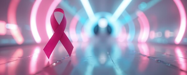 Pink ribbon for breast cancer awareness sits on reflective surface in neon tunnel. Symbolizes hope, support, early detection campaigns, medical research, and patient care.