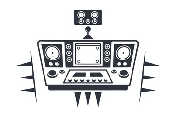 Isolated retro spaceship control panel features vintage gauges and many buttons on a white backdrop