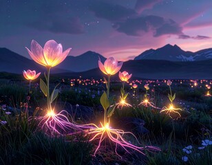walking plants with glowing roots moving across an alien meadow, bioluminescent petals opening and closing rhythmically