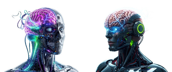 Creative brain-robot digital set, cybernetic fusion concept, neon circuitry, sci-fi dark moody aesthetic, high-res transparent background for design use