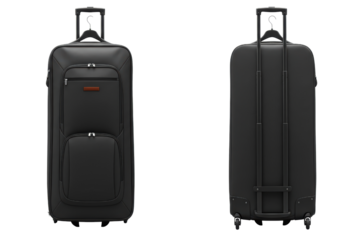 Large black travel suitcase with telescopic handle and pockets on a transparent background