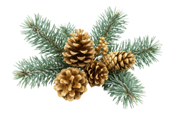 hyper-realistic macro still-life of vibrant green frosted pine branches intermingling with metallic gold-dusted ponderosa pine cones on a transparent background, luxurious christmas marketing concept