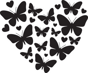 Heart symbol created from butterflies and hearts black and white silhouette in love shape
