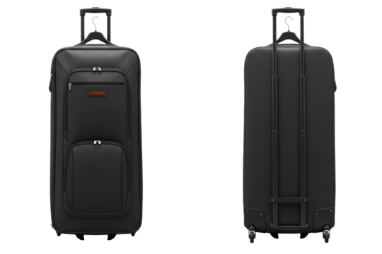 Large black travel suitcase with telescopic handle and pockets on a transparent background - Powered by Adobe