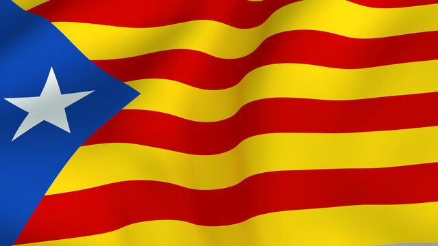 Waving fabric flag of Catalonia, the Estelada Blava, featuring yellow and red stripes with a white star in a blue triangle