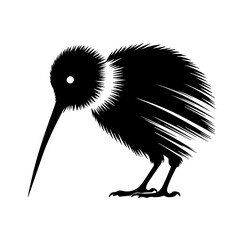 Obraz premium Kiwi bird silhouette with feathered details, kiwi bird. Kiwi bird image is a simple drawing in black ink. Design includes kiwi bird for educational materials about flightless birds from New Zealand.