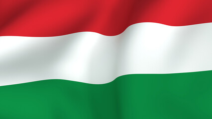 Waving fabric flag of Hungary featuring the horizontal tricolor of red, white, and green stripes close-up