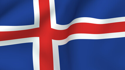 Fototapeta premium Waving fabric flag of Iceland featuring a red Nordic cross outlined in white on a blue field