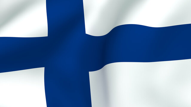 Waving fabric flag of Finland featuring the blue Nordic cross on a white background