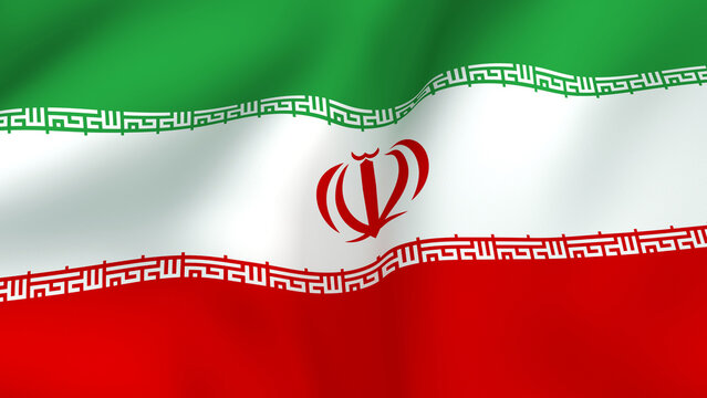 Waving fabric flag of Iran featuring horizontal stripes of green, white, and red with the national emblem in the center