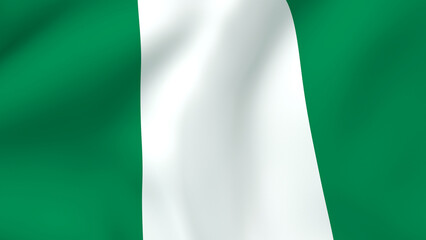 Waving fabric flag of Nigeria, a vertical tricolor of green and white stripes, representing nature and peace